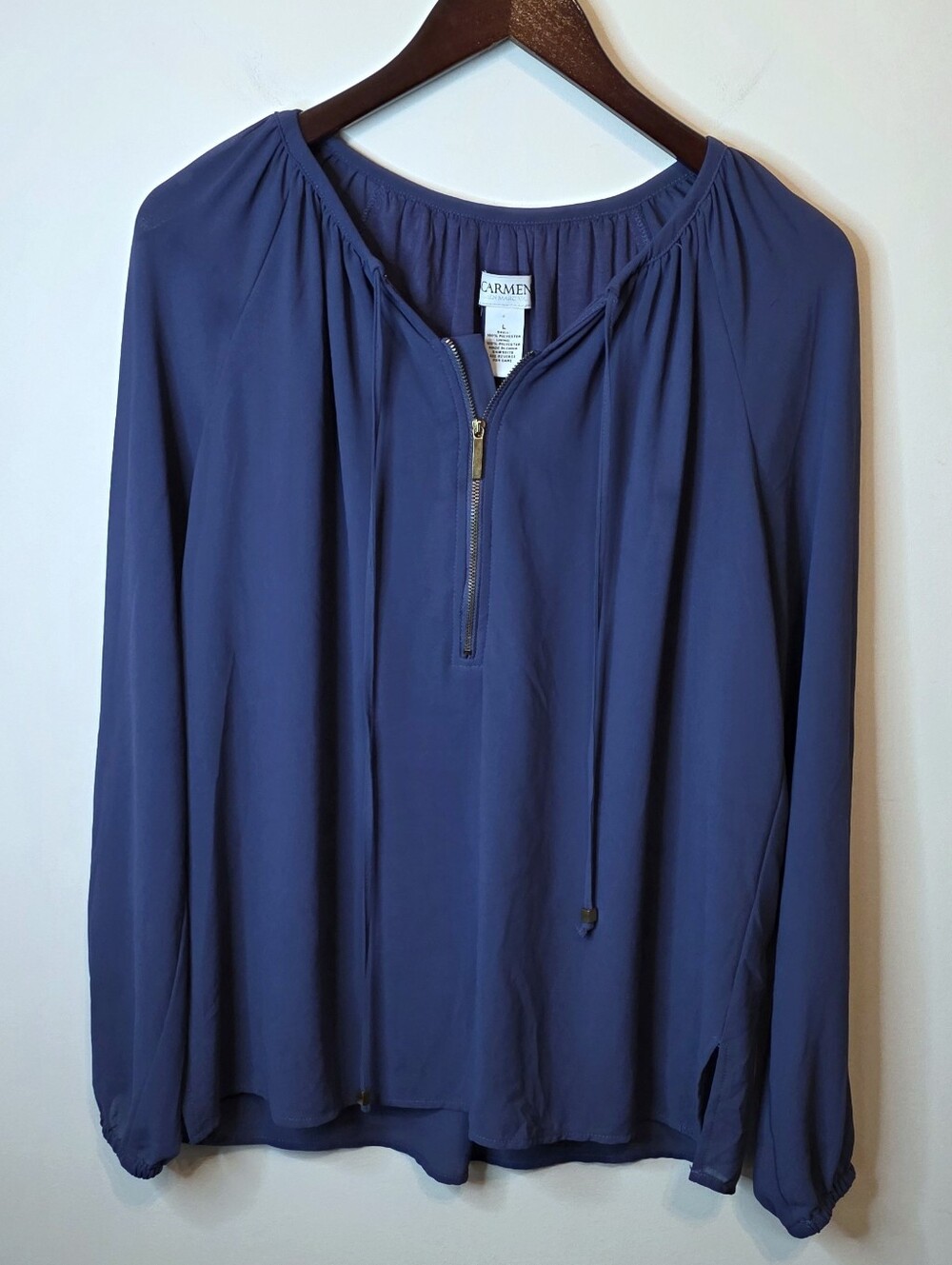 Carmen Marc Valvo Blue Blue Peasant Flowy Top Front Zip Long Sleeve Size Large
